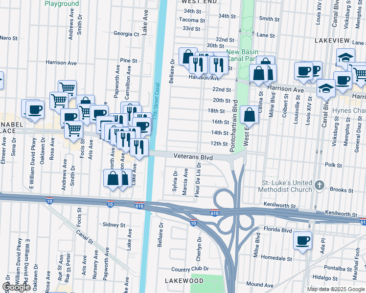 map of restaurants, bars, coffee shops, grocery stores, and more near 331 10th Street in New Orleans