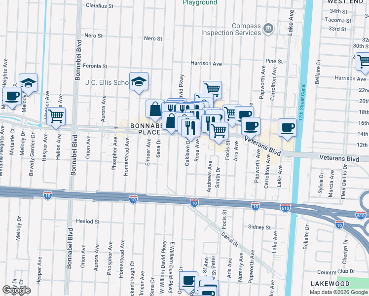 map of restaurants, bars, coffee shops, grocery stores, and more near in Metairie