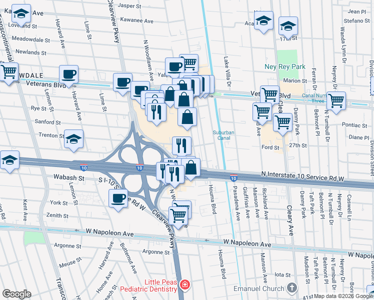 map of restaurants, bars, coffee shops, grocery stores, and more near 2800 Kingman Street in Metairie