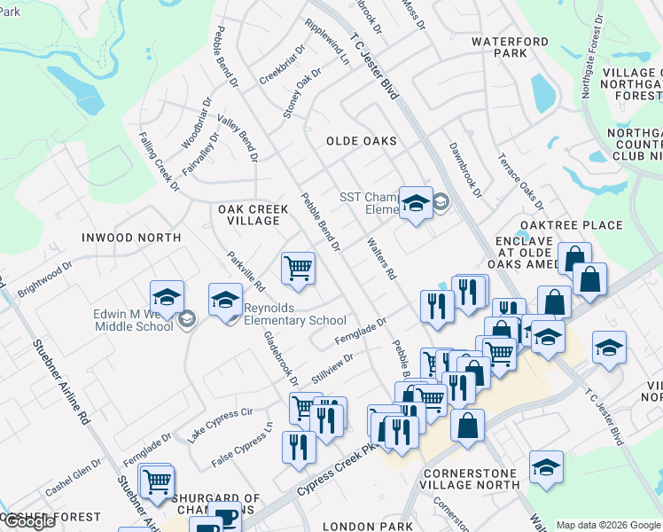 map of restaurants, bars, coffee shops, grocery stores, and more near 15007 Falling Creek Drive in Houston