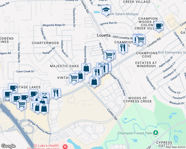 map of restaurants, bars, coffee shops, grocery stores, and more near 10123 Louetta Road in Houston