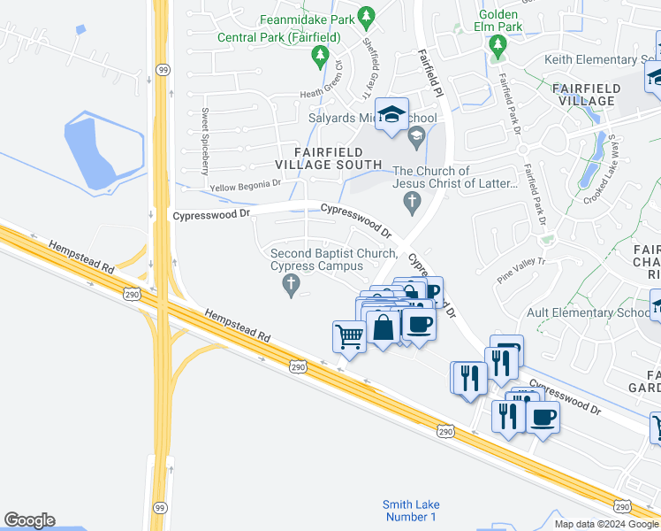 map of restaurants, bars, coffee shops, grocery stores, and more near 15111 Green Whisper Drive in Cypress