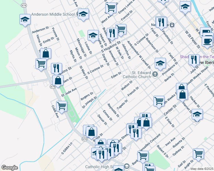 map of restaurants, bars, coffee shops, grocery stores, and more near 1203 South Jefferson Street in New Iberia