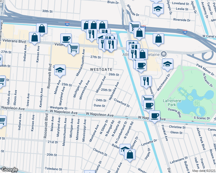 map of restaurants, bars, coffee shops, grocery stores, and more near 8732 25th Street in Metairie