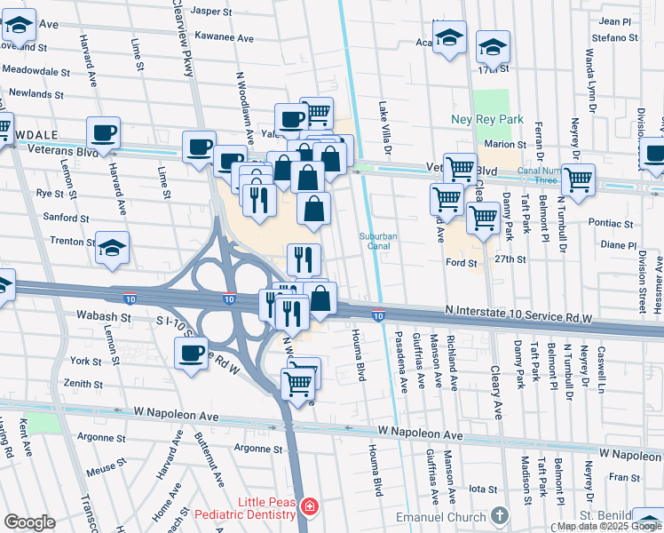 map of restaurants, bars, coffee shops, grocery stores, and more near 2800 Kingman Street in Metairie