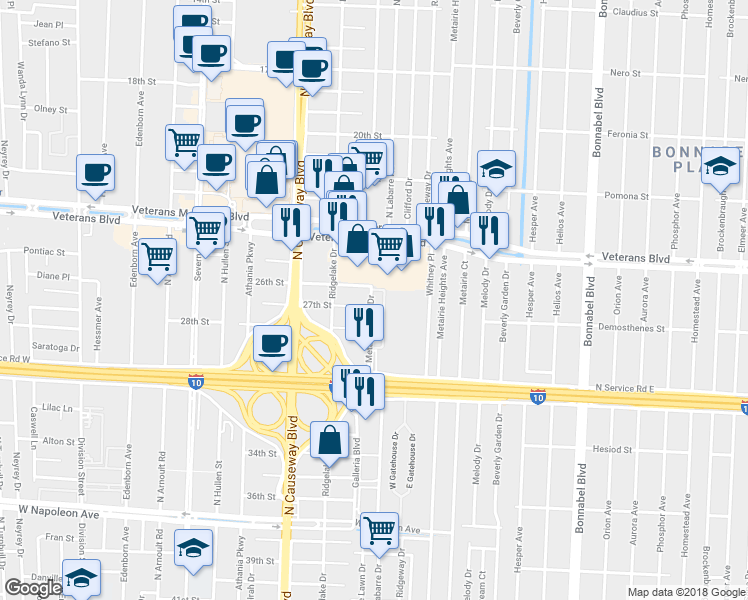 map of restaurants, bars, coffee shops, grocery stores, and more near 2601 Metairie Lawn Drive in Metairie
