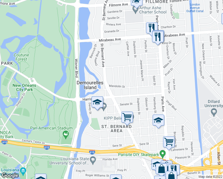 map of restaurants, bars, coffee shops, grocery stores, and more near 4207 Buchanan Street in New Orleans