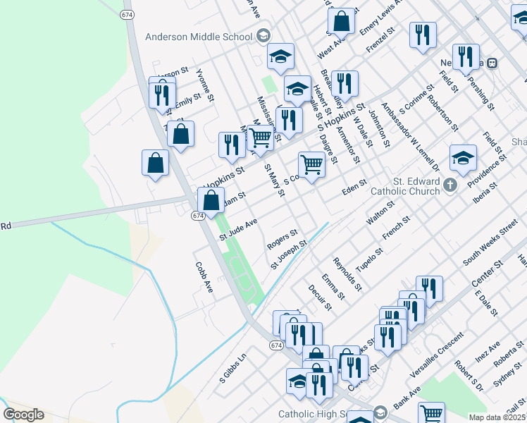 map of restaurants, bars, coffee shops, grocery stores, and more near 1514 Eden Street in New Iberia