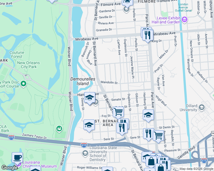 map of restaurants, bars, coffee shops, grocery stores, and more near 4207 Buchanan Street in New Orleans