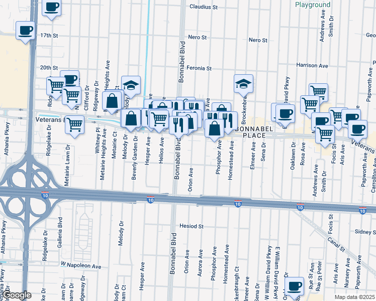 map of restaurants, bars, coffee shops, grocery stores, and more near 711 Bonnabel Boulevard in Metairie