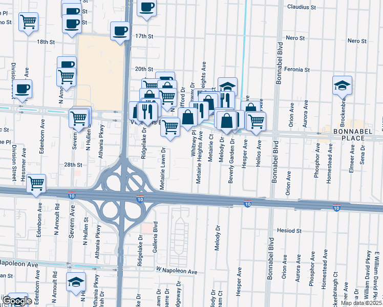 map of restaurants, bars, coffee shops, grocery stores, and more near 2720 Whitney Place in Metairie