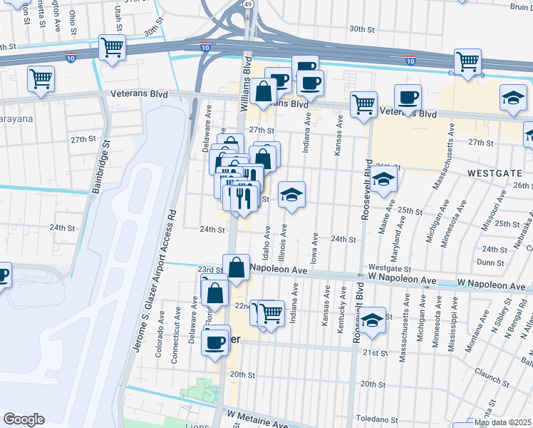 map of restaurants, bars, coffee shops, grocery stores, and more near 2413 Illinois Avenue in Kenner