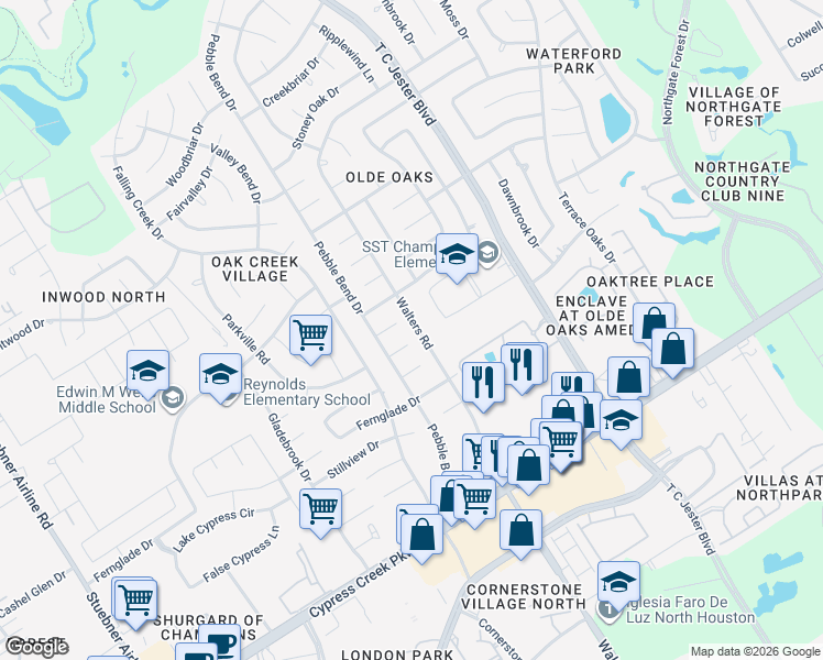 map of restaurants, bars, coffee shops, grocery stores, and more near 14927 Walters Road in Houston