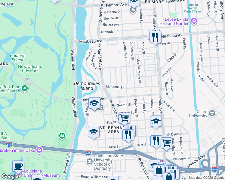 map of restaurants, bars, coffee shops, grocery stores, and more near 4207 Buchanan Street in New Orleans