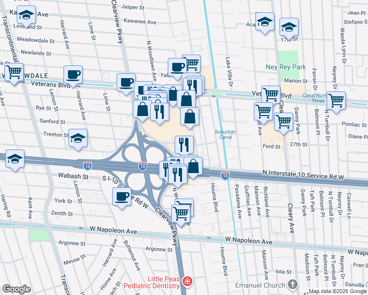 map of restaurants, bars, coffee shops, grocery stores, and more near 4441 North Interstate 10 Service Road West in Metairie