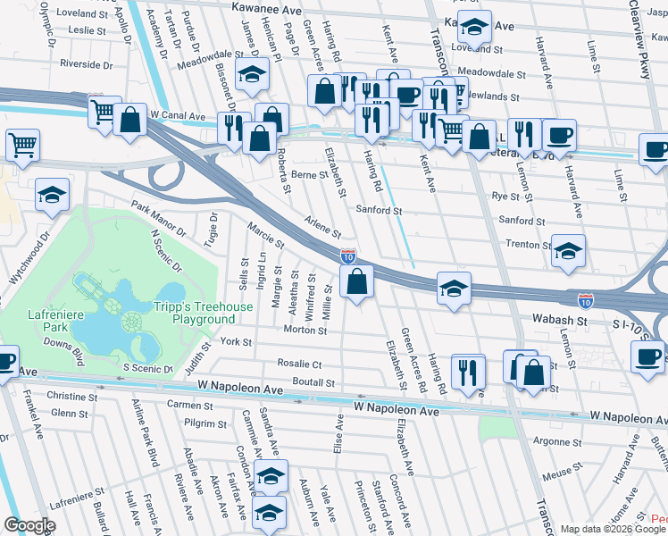 map of restaurants, bars, coffee shops, grocery stores, and more near 5804 Marcie Street in Metairie