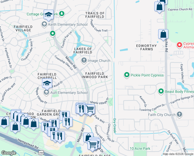 map of restaurants, bars, coffee shops, grocery stores, and more near 15502 Meadow Palm Drive in Cypress