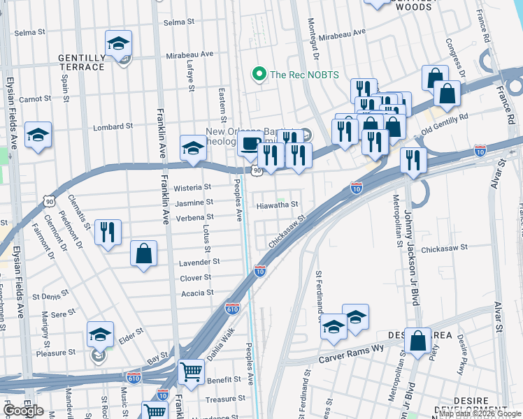 map of restaurants, bars, coffee shops, grocery stores, and more near 5205901 Packard Street in New Orleans