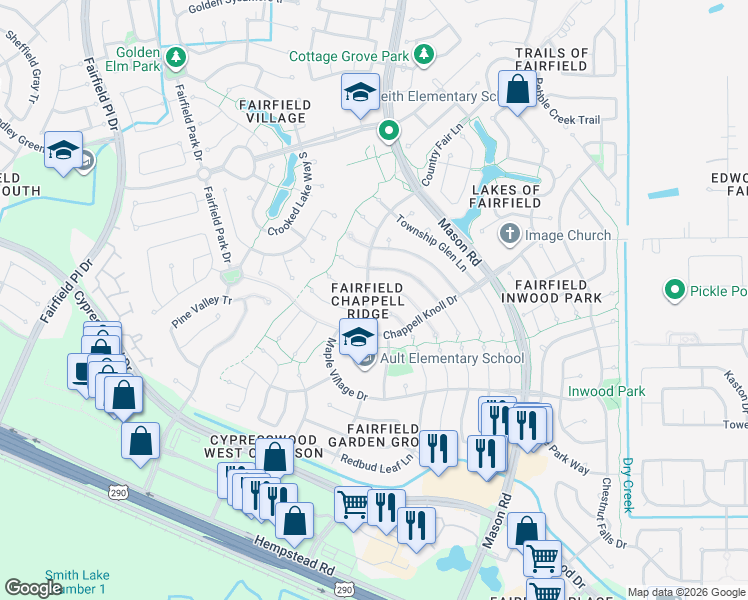 map of restaurants, bars, coffee shops, grocery stores, and more near 15611 Wildwood Run in Cypress