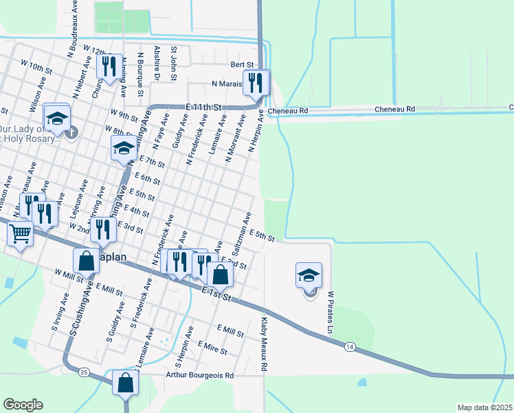 map of restaurants, bars, coffee shops, grocery stores, and more near 899 East 6th Street in Kaplan