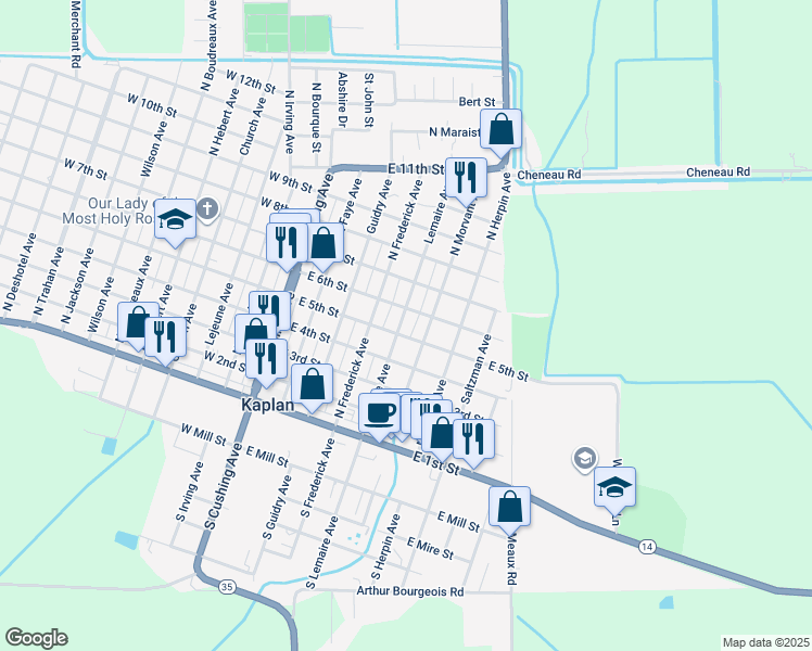 map of restaurants, bars, coffee shops, grocery stores, and more near 401 Lemaire Avenue in Kaplan