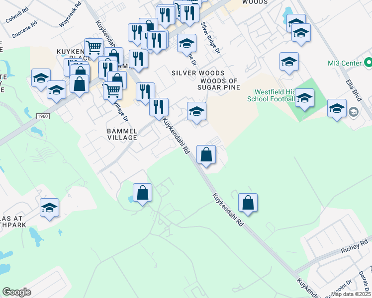map of restaurants, bars, coffee shops, grocery stores, and more near 15340 Kuykendahl Road in Houston