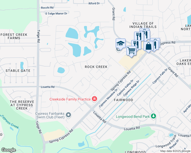 map of restaurants, bars, coffee shops, grocery stores, and more near 13803 Nueces Springs Lane in Cypress