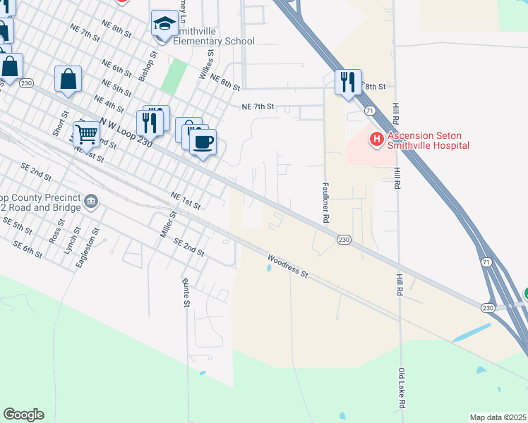 map of restaurants, bars, coffee shops, grocery stores, and more near 100 Bluebonnet Circle in Smithville