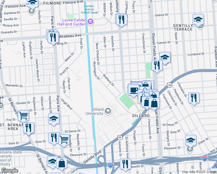 map of restaurants, bars, coffee shops, grocery stores, and more near 401 Wallace Drive in New Orleans