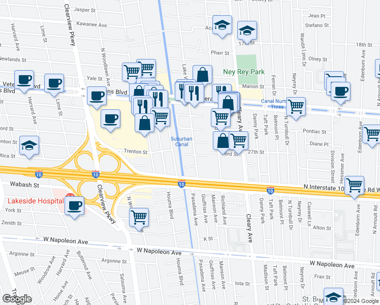map of restaurants, bars, coffee shops, grocery stores, and more near 4108 Sanford Street in Metairie