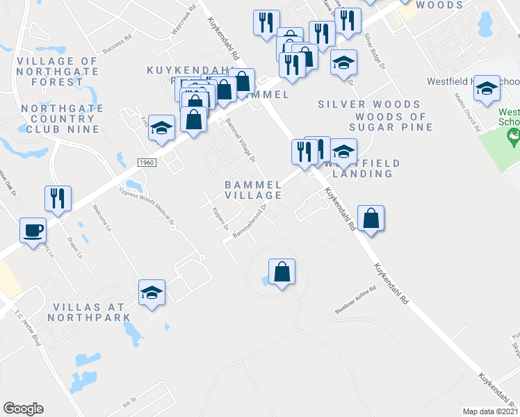 map of restaurants, bars, coffee shops, grocery stores, and more near 2622 Bammelwood Drive in Houston