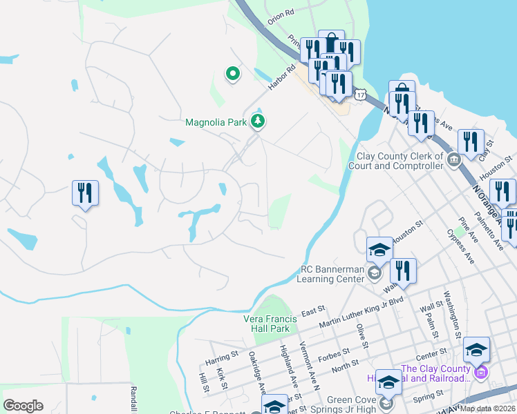 map of restaurants, bars, coffee shops, grocery stores, and more near 3805 Turkey Creek Drive in Green Cove Springs