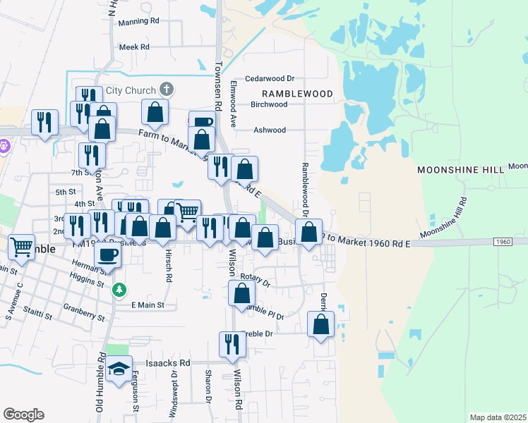 map of restaurants, bars, coffee shops, grocery stores, and more near 1702 Farm to Market 1960 Bypass Road East in Humble