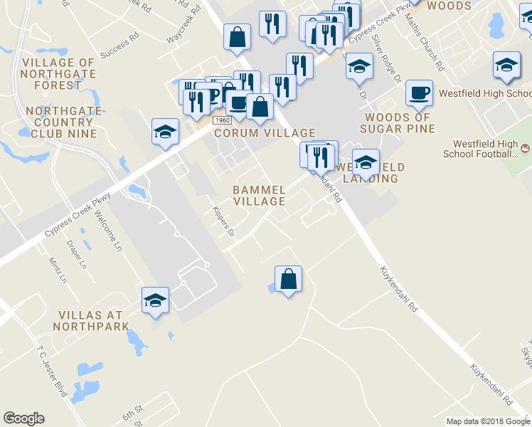 map of restaurants, bars, coffee shops, grocery stores, and more near 2514 Bammelwood Drive in Houston