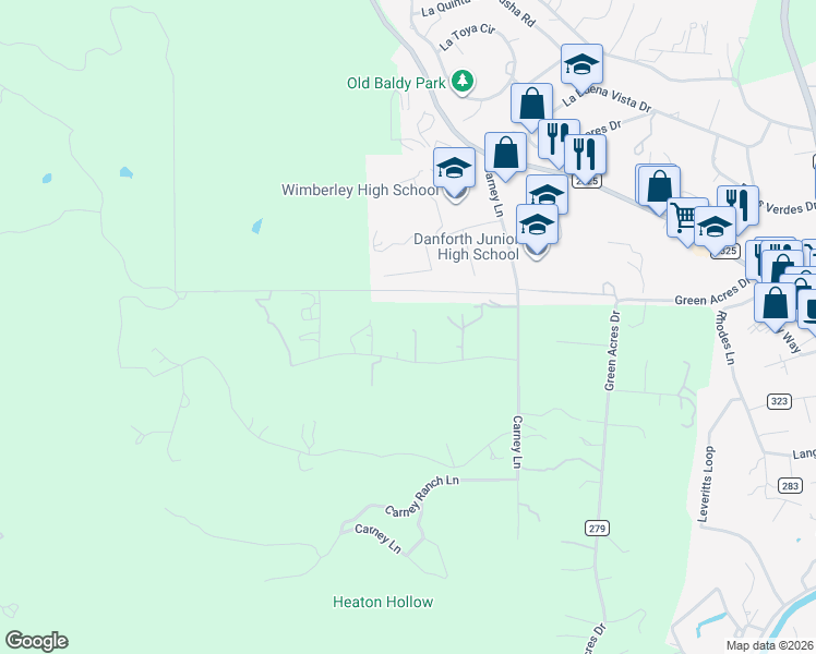 map of restaurants, bars, coffee shops, grocery stores, and more near 220 Lea Lane in Wimberley