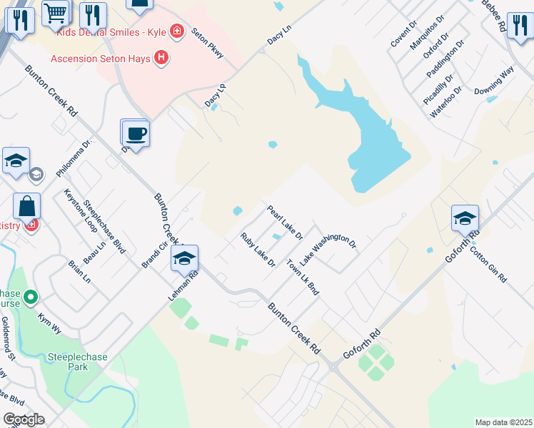 map of restaurants, bars, coffee shops, grocery stores, and more near 117 Onyx Lake Drive in Kyle