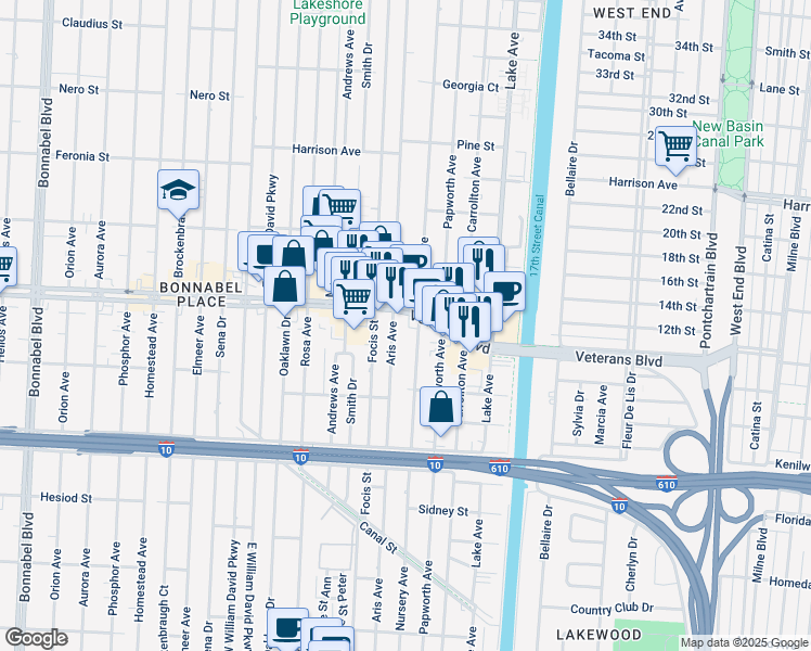 map of restaurants, bars, coffee shops, grocery stores, and more near in Metairie