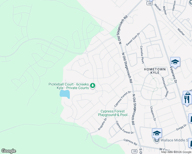 map of restaurants, bars, coffee shops, grocery stores, and more near Coyote Creek Way in Kyle