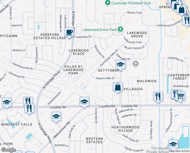 map of restaurants, bars, coffee shops, grocery stores, and more near 12146 Auburn Hills Drive in Tomball