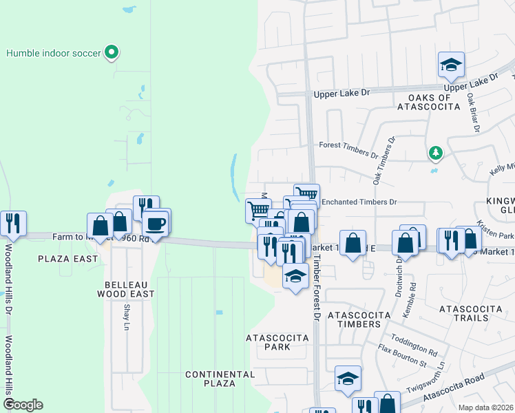 map of restaurants, bars, coffee shops, grocery stores, and more near 5107 Enchanted Timbers Drive in Humble