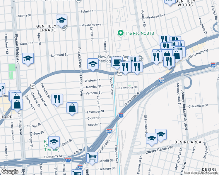 map of restaurants, bars, coffee shops, grocery stores, and more near 2750 Wisteria Street in New Orleans