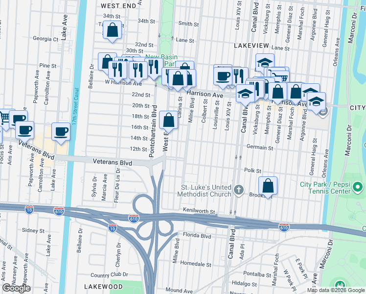 map of restaurants, bars, coffee shops, grocery stores, and more near 6100 Catina Street in New Orleans