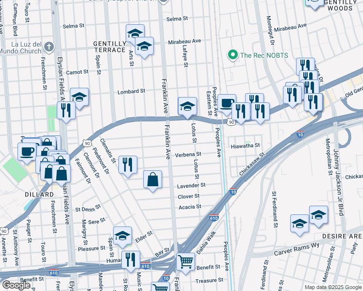 map of restaurants, bars, coffee shops, grocery stores, and more near 2622 Wisteria Street in New Orleans