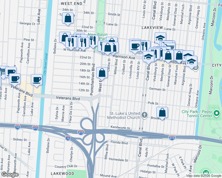 map of restaurants, bars, coffee shops, grocery stores, and more near 6100 Catina Street in New Orleans