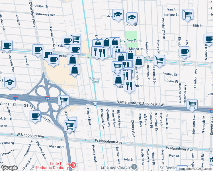 map of restaurants, bars, coffee shops, grocery stores, and more near 4028 Sanford Street in Metairie