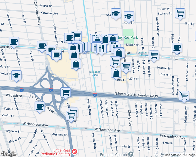 map of restaurants, bars, coffee shops, grocery stores, and more near 4108 Sanford Street in Metairie