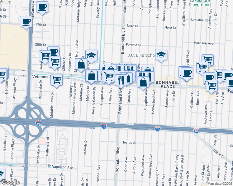 map of restaurants, bars, coffee shops, grocery stores, and more near in Metairie
