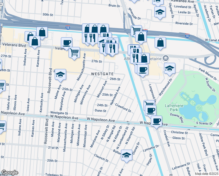 map of restaurants, bars, coffee shops, grocery stores, and more near 8740 Donnaway Street in Metairie