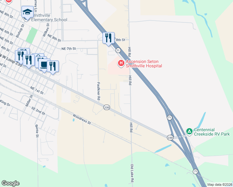 map of restaurants, bars, coffee shops, grocery stores, and more near 501 Leah Lane in Smithville