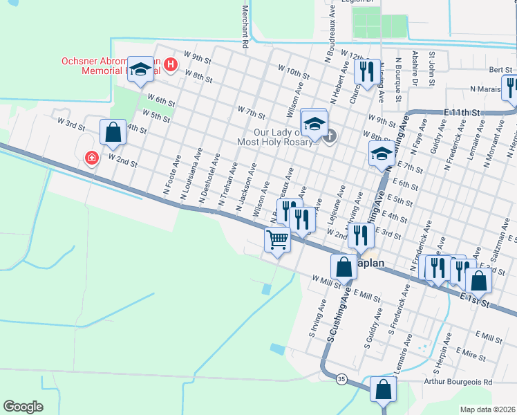 map of restaurants, bars, coffee shops, grocery stores, and more near 700 West 2nd Street in Kaplan